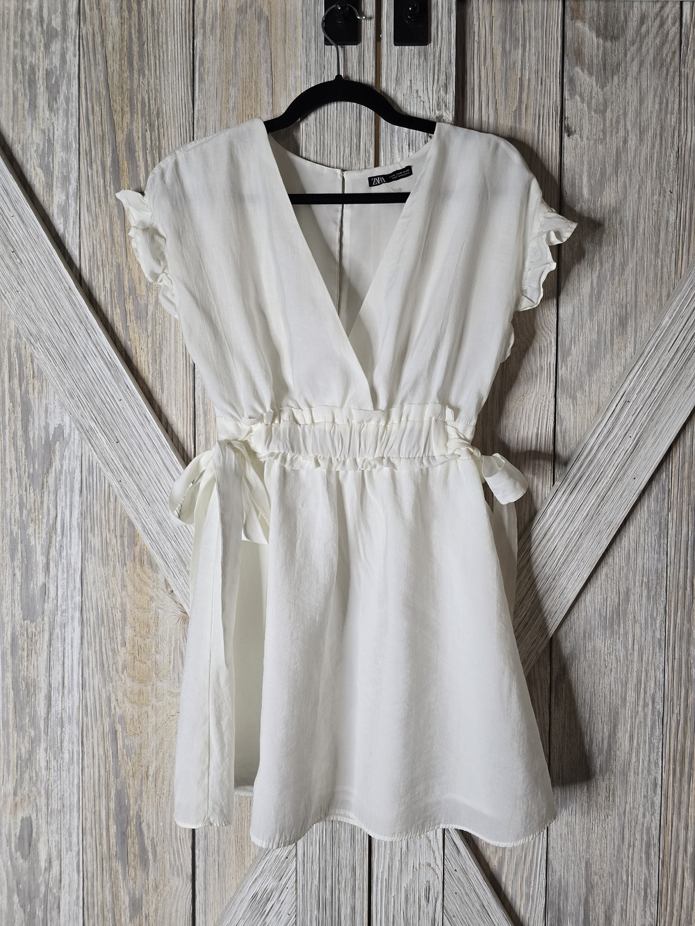 Zara Cream Tie Waist Mini Dress Feminine Chic Flowy Neutral Blogger Style Size M